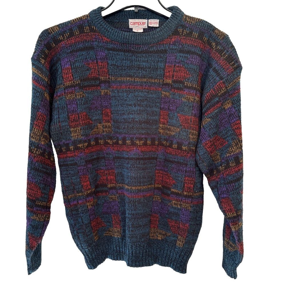 Vintage Campus 90S Grandpa Geometric Print Acrylic‎ Sweater Multicolor Men's L